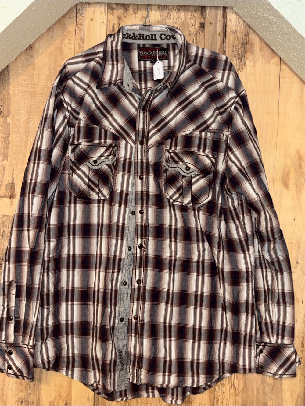 #153 Rock & Roll Cowboy Men's Brown Plaid Western Dress Shirt